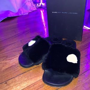 Black/White rabbit fur Marc Jacobs slides.
